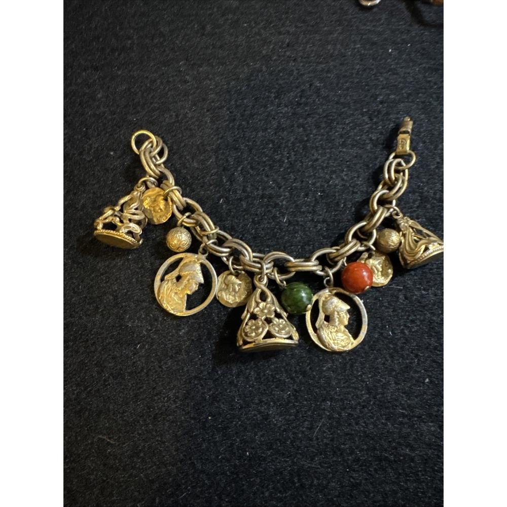 Coro 1950's Vintage Double Link Charm Bracelet Coins Warriors Watch Fobs Gold To